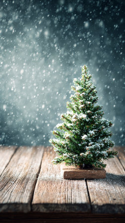 A small Christmas tree sits on a wooden table while snowflakes fall gently around it, creating a cozy winter atmosphere perfect for the holiday season..の素材