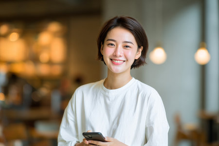 Brightly lit cafe features a young woman with short hair smiling at the camera while holding her smartphone. The warm atmosphere creates a welcoming feel.の素材