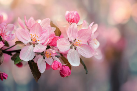 Delicate pink apple blossoms bloom on branches, creating a picturesque scene in a tranquil garden during early spring mornings.の素材