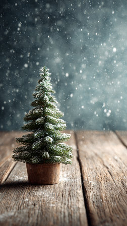 A small Christmas tree sits on a rustic wooden table as snowflakes gently fall around it, creating a warm and festive atmosphere. The scene captures the essence of the holiday season..の素材
