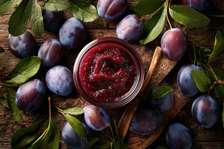 A jar of rich plum jam sits on a wooden board, surrounded by juicy ripe plums and green leaves, highlighting the colors and textures of the ingredients in a natural setting.の素材