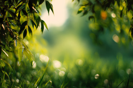 Sunlight breaks through lush green grass, illuminating delicate blades and creating a calming atmosphere in a peaceful garden. Nature thrives in this tranquil environment..の素材