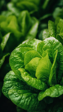 Lush green lettuce leaves thrive in a garden, soaking up the natural sunlight. The vibrant colors highlight the healthy, fresh growth of the plants in the warm weather.の素材
