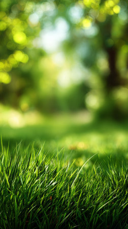 Bright sunlight filters through tall trees in a lush green park. Soft grass covers the ground, creating a peaceful atmosphere ideal for relaxation and outdoor activities..の素材