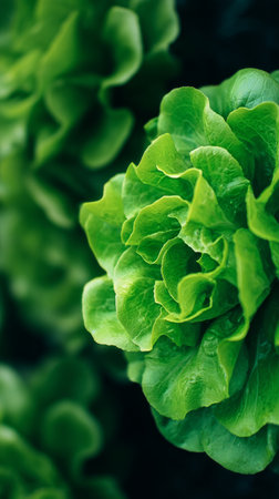 Lettuce plants display lush green leaves, thriving in a garden setting. The warm midday sun highlights their crisp texture and rich color, creating a vibrant scene of healthy growth.の素材
