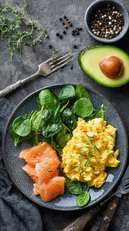A colorful breakfast features spread fluffy scrambled eggs, fresh spinach leaves, slices of smoked salmon, and a half avocado. Seasoning options are nearby.の素材