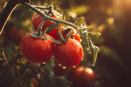 Juicy red tomatoes hang from a green branch in a garden. Dew glistens on the surface, reflecting the warm sunlight during early morning hours.の素材