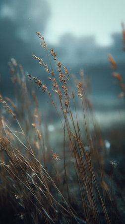 Grasses with golden hues bend softly in the wind as the sun sets behind a tranquil lake, creating a serene atmosphere in nature..の素材