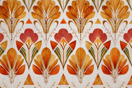 This vibrant design showcases intricate floral motifs with bold colors like red, yellow, and green. The pattern creates a lively atmosphere suited for home decor and fashion..の素材