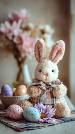 A cute bunny plush toy sits among colorful Easter eggs and a blooming flower arrangement, creating a warm and festive atmosphere for spring celebrations.の素材