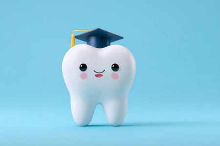 A cheerful tooth character with a smiling face and rosy cheeks wears a graduation cap, symbolizing dental health education. The bright blue background adds a fun and lively touch.の素材