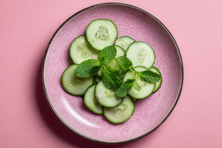 Sliced cucumbers are arranged in a bowl with fresh mint leaves on a pastel pink surface, showcasing a simple, healthy dish perfect for warm weather..の素材