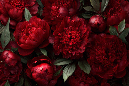 A close view of luscious red peonies surrounded by dark green leaves showcases their rich texture and deep color. The scene captures the beauty of these flowers in full bloom.の素材