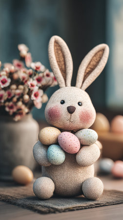 A cute bunny plush toy sits among colorful Easter eggs and a blooming flower arrangement, creating a warm and festive atmosphere for spring celebrations..の素材