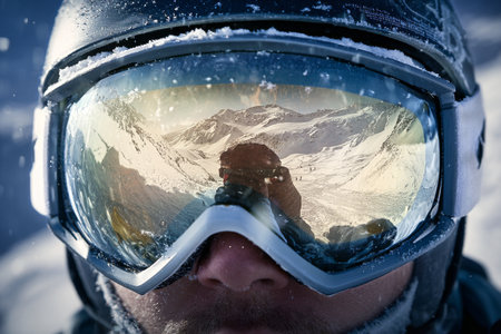 A skier wears snow-covered goggles while on a snowy mountain. The reflective lenses show off majestic peaks and a bright blue sky, highlighting the beauty of the winter landscape..の素材