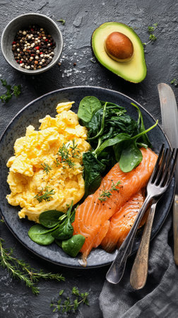 A colorful breakfast features spread fluffy scrambled eggs, fresh spinach leaves, slices of smoked salmon, and a half avocado. Seasoning options are nearby..の素材