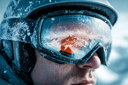 A snowboarder is focused on the slopes, wearing goggles that reflect a stunning snowy mountain scene. The bright winter day showcases the beauty of the Alps, perfect for winter sports.の素材