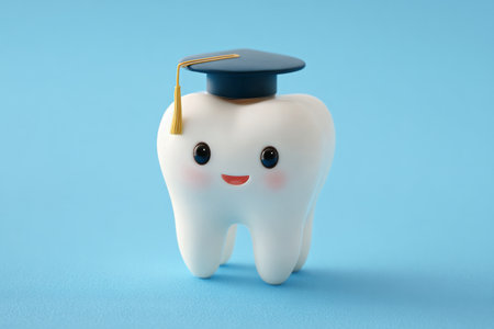 A cute tooth character wearing a graduation cap stands proudly on a light blue background. The tooth has a cheerful expression, symbolizing educational achievement.の素材