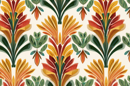 This vibrant design showcases intricate floral motifs with bold colors like red, yellow, and green. The pattern creates a lively atmosphere suited for home decor and fashion.の素材