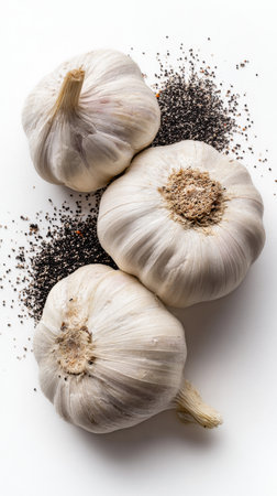 Cloves of garlic and black peppercorns are arranged on a white surface. Some garlic cloves are whole, while others are scattered around, creating a natural kitchen scene..の素材