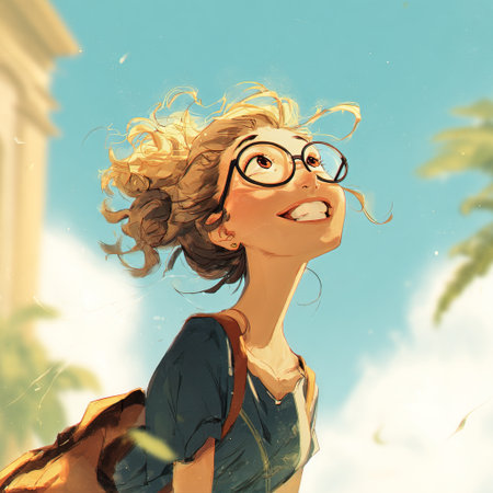 A cheerful girl with curly hair and glasses enjoys a sunny day in a park, smiling and looking up at the clear blue sky filled with soft clouds. Her backpack rests on her shoulder.の素材