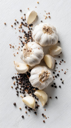 Three whole garlic bulbs and their cloves are surrounded by black peppercorns on a light textured surface. The scene highlights a simple, natural kitchen setting.の素材