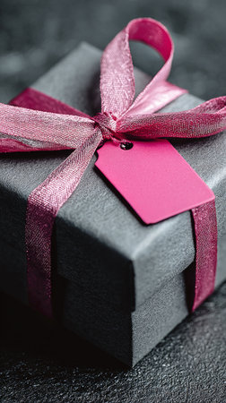 A beautifully wrapped gift sits on a textured black surface, featuring dark paper and a vibrant pink ribbon tied neatly around it, enhancing its appeal..の素材