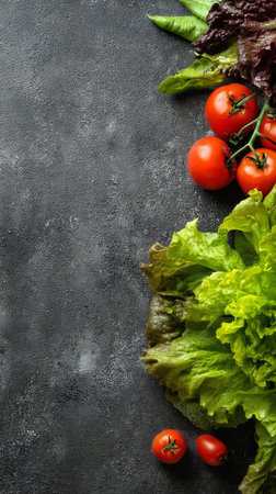 Fresh lettuce and juicy tomatoes are beautifully arranged on a dark surface, showing their rich colors and textures. This setup is perfect for a healthy meal preparation..の素材
