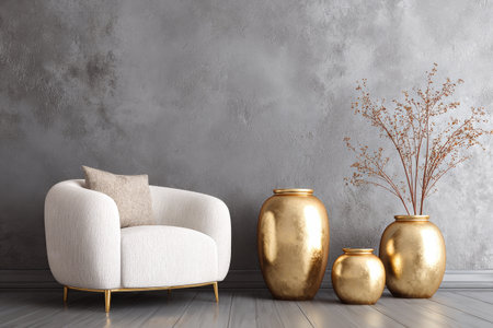 A stylish living room showcases a soft white armchair next to two gold vases. One vase holds blooming flowers, adding elegance to the cozy atmosphere..の素材