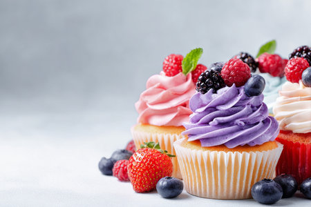 Cupcakes with vibrant frosting in shades of purple, pink, and green are topped with fresh berries. The sweet treats are arranged attractively, ready for a celebration or dessert table..の素材