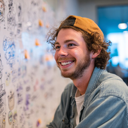 A young man is seated in a bright office filled with colorful sketches and doodles. He enjoys a moment of laughter, showing his relaxed and cheerful personality.の素材