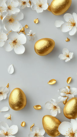 Two shiny golden Easter eggs are placed beside delicate white flowers and gold petals on a soft gray surface, capturing a serene spring atmosphere..の素材