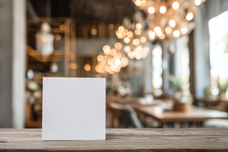 A blank canvas rests on a wooden table in a stylish cafe filled with warm light and a welcoming vibe. The cafe features wooden decor and hanging lights, perfect for creativity..の素材