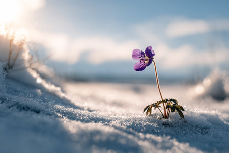 A vibrant purple flower stands alone in the snow under a clear blue sky, illuminated by bright sunlight in a winter scene. It symbolizes resilience and beauty in cold conditions.の素材