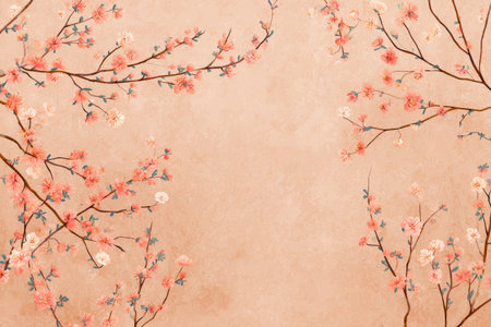Delicate cherry blossom branches with pink flowers are arranged beautifully on a soft beige background, capturing the essence of spring and natures beauty..の素材