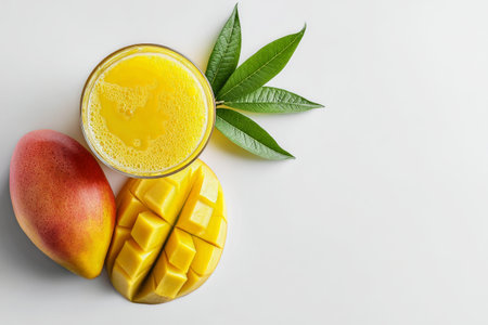 Bright yellow mango juice sits in a glass beside a fresh mango, cut into cubes, and green leaves on a clean white background, showing a tropical vibe.の素材