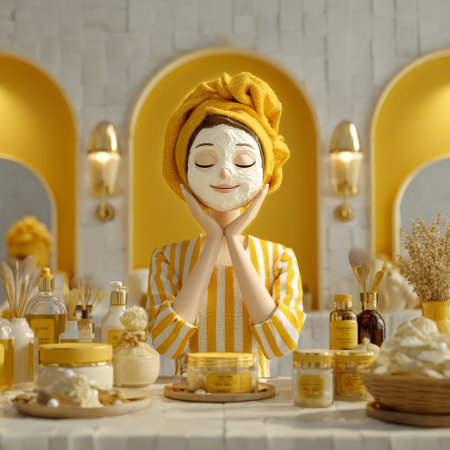 A person with a towel on their head applies a face mask while surrounded by skincare products in a sunny, inviting area. The scene radiates comfort and self-care.の素材