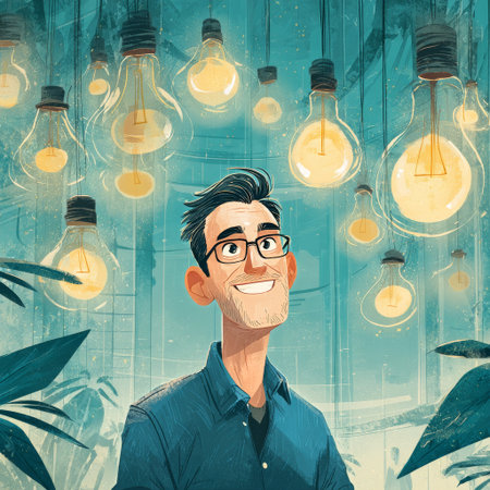 A man with glasses smiles warmly while surrounded by glowing light bulbs and plants in a charming indoor space during the evening.の素材