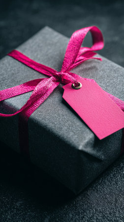 A beautifully wrapped gift sits on a textured black surface, featuring dark paper and a vibrant pink ribbon tied neatly around it, enhancing its appeal.の素材