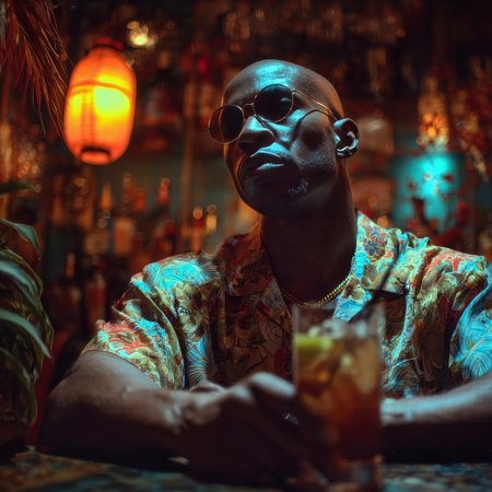 A stylish man in a bright, floral shirt sits at a bar, looking contemplative. He wears large sunglasses and is surrounded by colorful bottles and drinks in a warm, dimly lit setting..の素材
