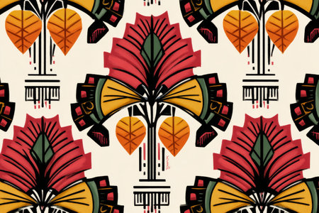 Bright and bold floral design showcases stylized flowers and leaves in vibrant colors, featuring a symmetrical pattern that brings energy and warmth to any space.の素材