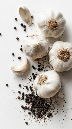Cloves of garlic and black peppercorns are arranged on a white surface. Some garlic cloves are whole, while others are scattered around, creating a natural kitchen scene.の素材