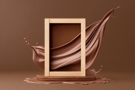 A splash of rich chocolate flows around a wooden frame, creating an artistic display. This scene highlights the smooth texture and vibrant color of the chocolate in a studio environment.の素材