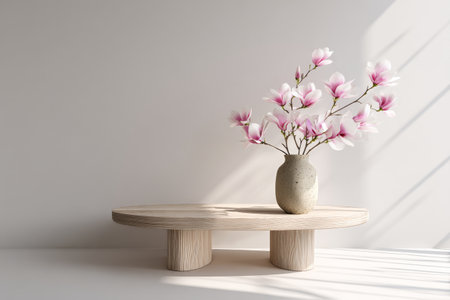 Magnolia branches with white and pink blossoms are arranged in a smooth vase on a light wooden table. Soft sunlight creates gentle shadows on the wall, adding warmth to the scene..の素材