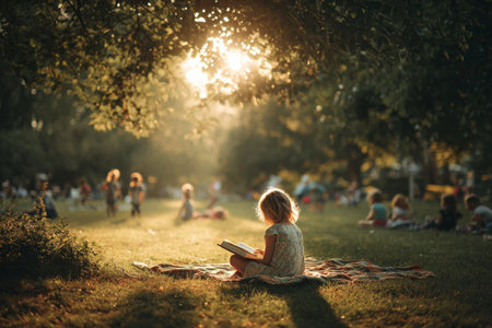 A young girl sits on a blanket in a grassy park, deeply focused on her book as sunlight filters through the trees. Other children play in the background.の素材