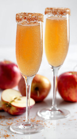 Two tall glasses filled with sparkling apple cider, garnished with apple slices and cinnamon sticks, are placed beside fresh apples on a light surface..の素材