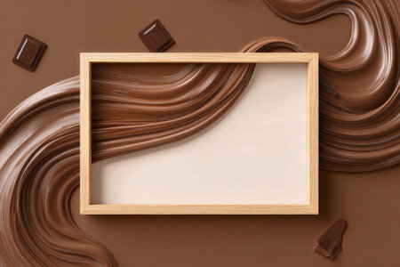 A wooden frame holds a swirling splash of liquid chocolate against a smooth, brown backdrop. The artwork brings a sense of richness and artistry to dessert themes..の素材