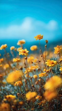 Vibrant yellow flowers stand tall in a lush meadow, surrounded by green foliage. The sun shines brightly, creating a cheerful atmosphere in nature.の素材