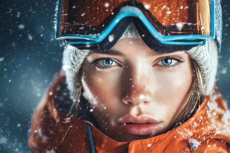 A young woman with bright blue eyes wears ski goggles and a warm orange jacket. Snowflakes fall around her as she stands in a winter landscape, ready for skiing or snowboarding.の素材