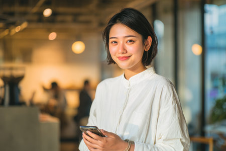 Brightly lit cafe features a young woman with short hair smiling at the camera while holding her smartphone. The warm atmosphere creates a welcoming feel..の素材